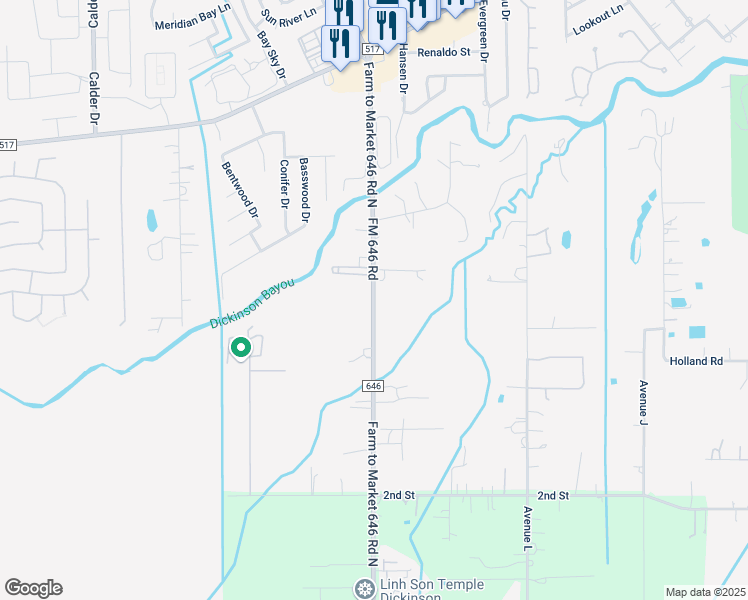 map of restaurants, bars, coffee shops, grocery stores, and more near 351 FM 646 Road in Dickinson