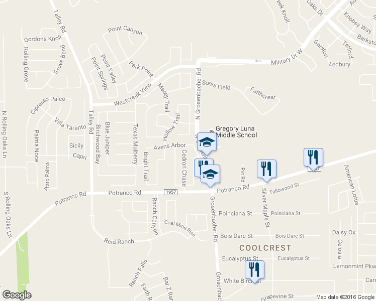 map of restaurants, bars, coffee shops, grocery stores, and more near 106 Coriander Bend in San Antonio