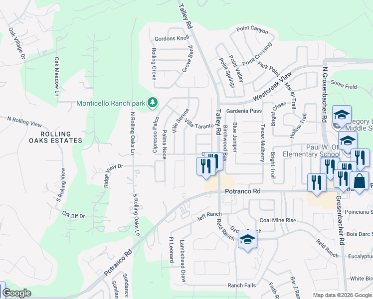 map of restaurants, bars, coffee shops, grocery stores, and more near 119 Fontana Albero in San Antonio