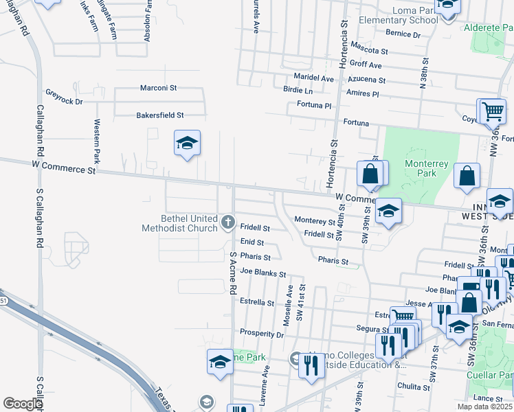 map of restaurants, bars, coffee shops, grocery stores, and more near 6514 Buena Vista Street in San Antonio