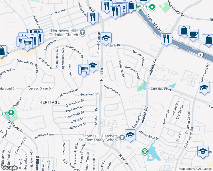 map of restaurants, bars, coffee shops, grocery stores, and more near 302 Tres Caminos in San Antonio