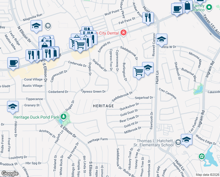 map of restaurants, bars, coffee shops, grocery stores, and more near 10002 Apache Village in San Antonio