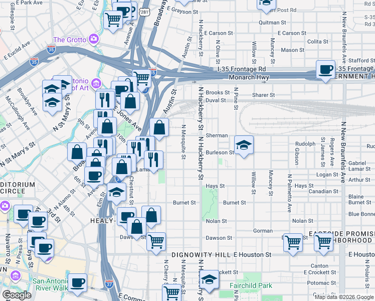 map of restaurants, bars, coffee shops, grocery stores, and more near 331 Burleson in San Antonio