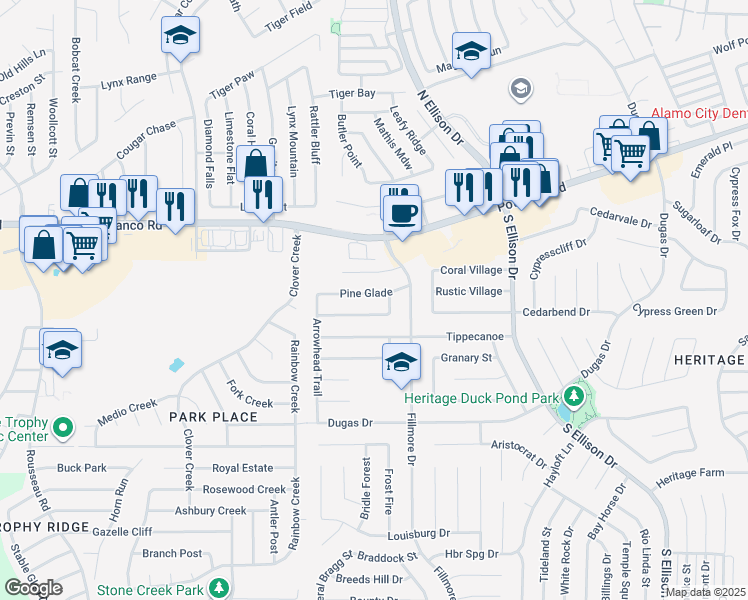 map of restaurants, bars, coffee shops, grocery stores, and more near 10435 Pine Glade in San Antonio