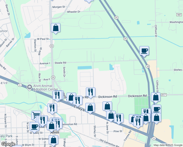 map of restaurants, bars, coffee shops, grocery stores, and more near 1017 Hamilton Street in Alvin