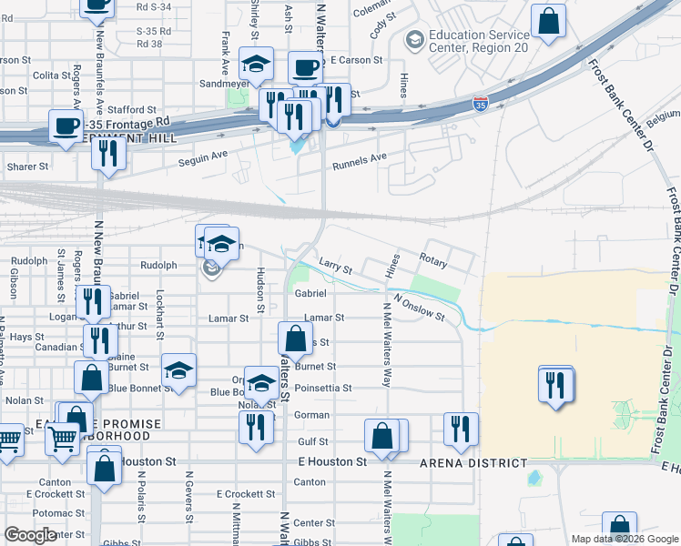 map of restaurants, bars, coffee shops, grocery stores, and more near 708 Larry Street in San Antonio
