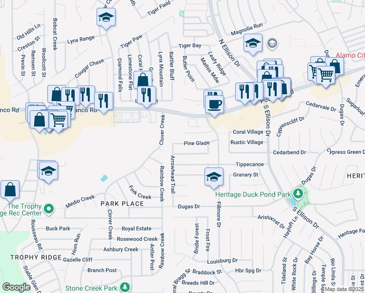 map of restaurants, bars, coffee shops, grocery stores, and more near 10475 Pine Glade in San Antonio
