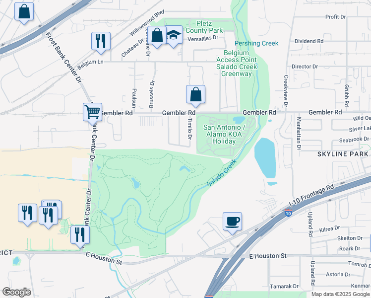 map of restaurants, bars, coffee shops, grocery stores, and more near 707 Timilo Drive in San Antonio