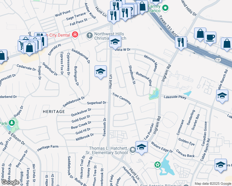 map of restaurants, bars, coffee shops, grocery stores, and more near 302 Tres Caminos in San Antonio
