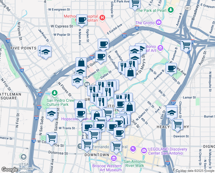 map of restaurants, bars, coffee shops, grocery stores, and more near 221 Lexington Avenue in San Antonio