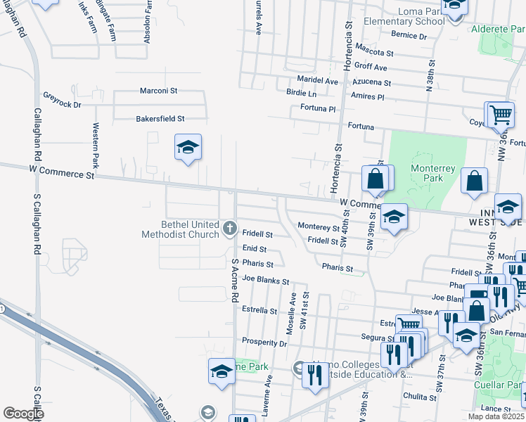 map of restaurants, bars, coffee shops, grocery stores, and more near 6514 Buena Vista Street in San Antonio
