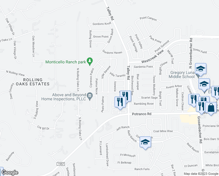 map of restaurants, bars, coffee shops, grocery stores, and more near 114 Fontana Albero in San Antonio