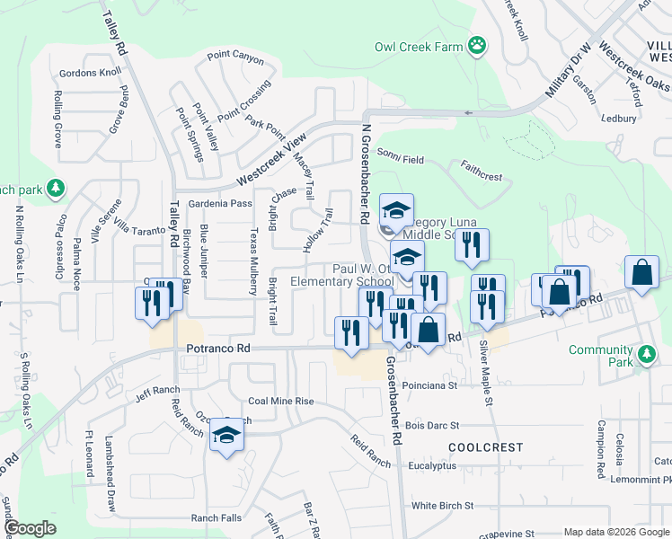 map of restaurants, bars, coffee shops, grocery stores, and more near 102 Mallow Grove in San Antonio