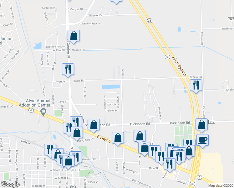 map of restaurants, bars, coffee shops, grocery stores, and more near 710 Columbia Street in Alvin