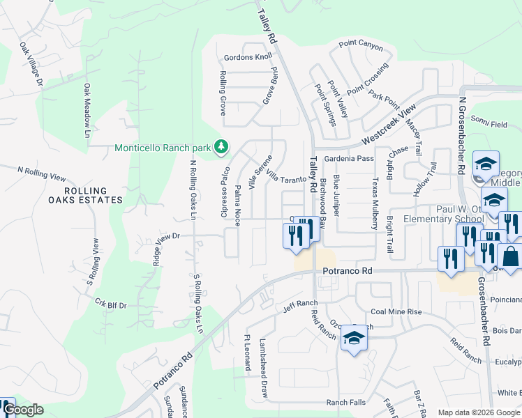 map of restaurants, bars, coffee shops, grocery stores, and more near 115 Fontana Albero in San Antonio