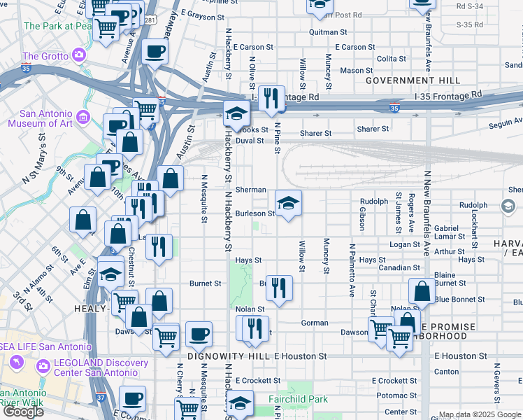 map of restaurants, bars, coffee shops, grocery stores, and more near 1107 North Pine Street in San Antonio