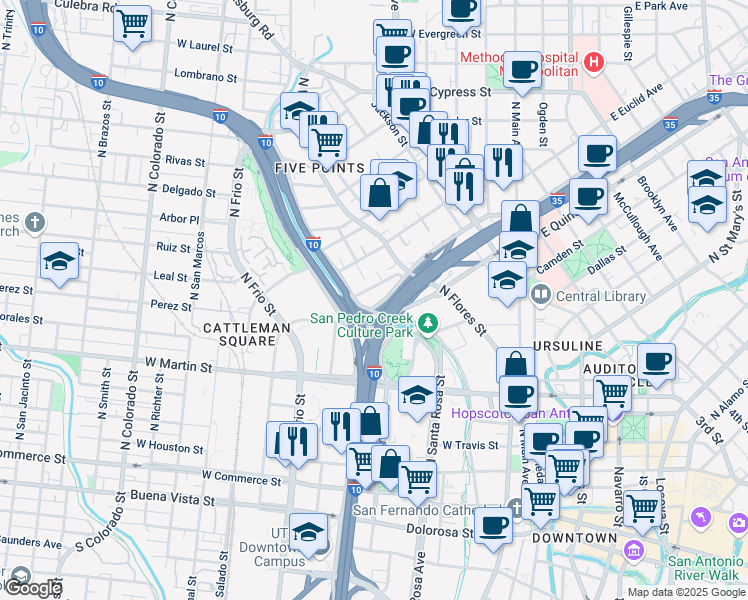map of restaurants, bars, coffee shops, grocery stores, and more near 816 Camaron Street in San Antonio