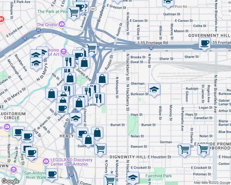 map of restaurants, bars, coffee shops, grocery stores, and more near 331 Burleson in San Antonio