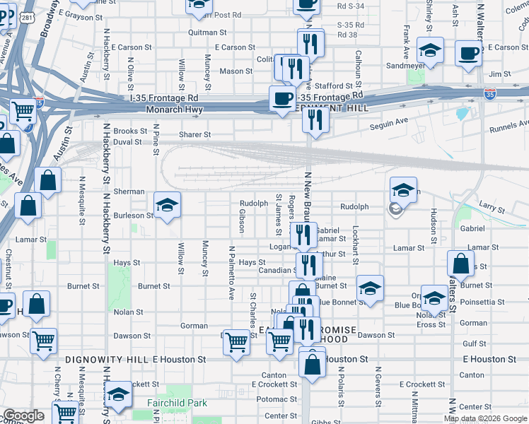 map of restaurants, bars, coffee shops, grocery stores, and more near 1129 Burleson in San Antonio