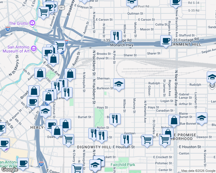 map of restaurants, bars, coffee shops, grocery stores, and more near 1107 North Pine Street in San Antonio