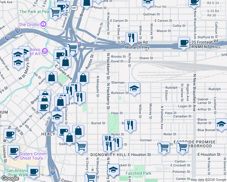 map of restaurants, bars, coffee shops, grocery stores, and more near 1107 North Olive Street in San Antonio