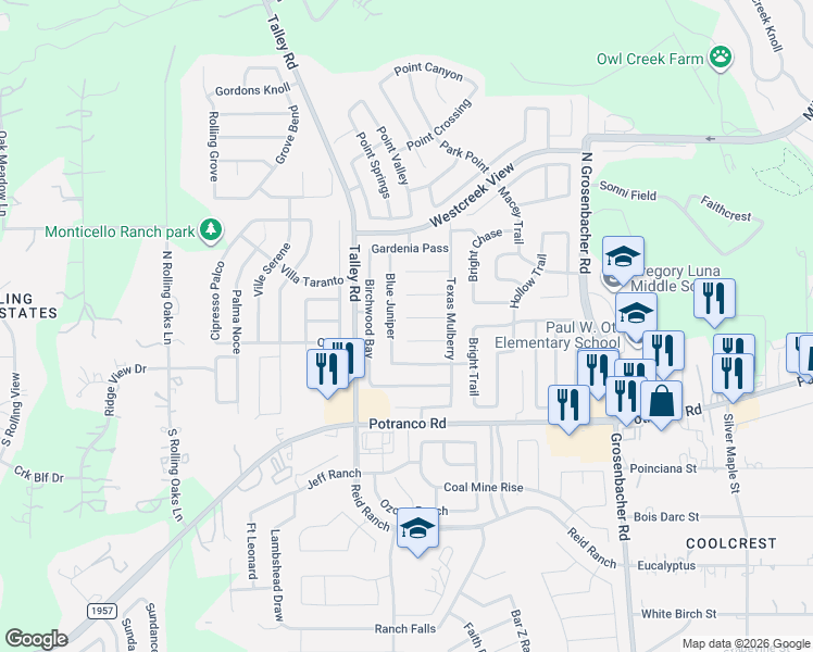 map of restaurants, bars, coffee shops, grocery stores, and more near 143 Blue Juniper in San Antonio