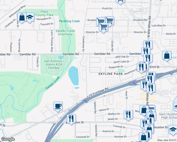 map of restaurants, bars, coffee shops, grocery stores, and more near 703 Manhattan Drive in San Antonio