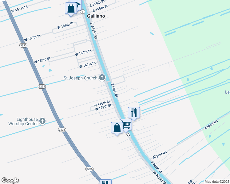 map of restaurants, bars, coffee shops, grocery stores, and more near East Main Street in Galliano
