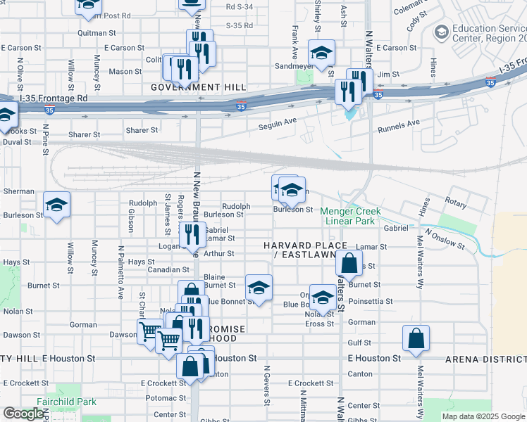 map of restaurants, bars, coffee shops, grocery stores, and more near 1535 Burleson in San Antonio