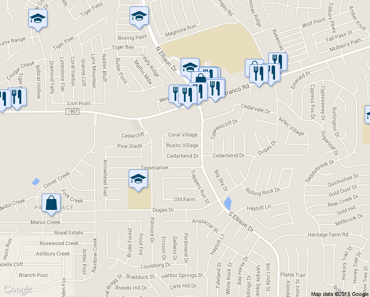map of restaurants, bars, coffee shops, grocery stores, and more near 10334 Rustic Village in San Antonio