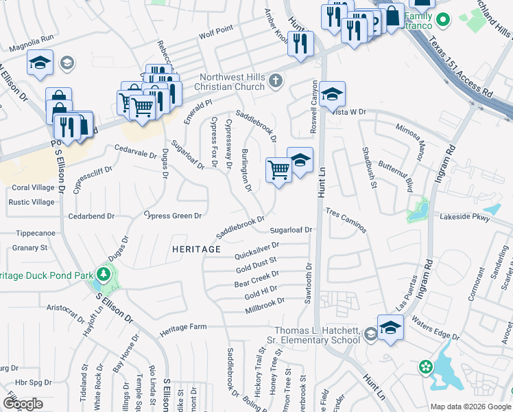 map of restaurants, bars, coffee shops, grocery stores, and more near 315 Burlington Drive in San Antonio