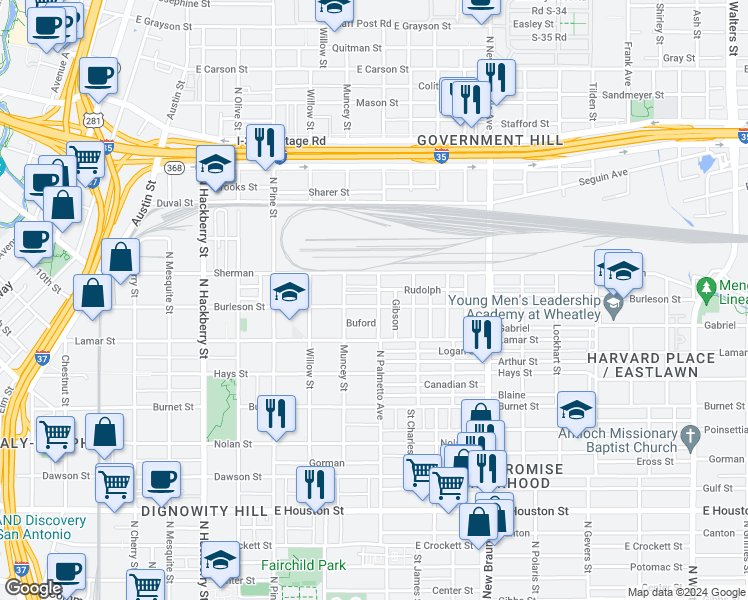 map of restaurants, bars, coffee shops, grocery stores, and more near 925 Burleson in San Antonio