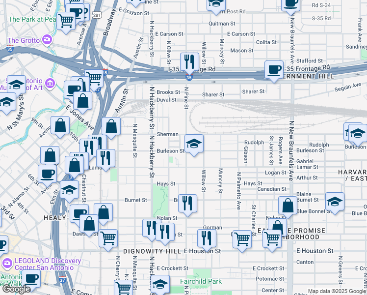 map of restaurants, bars, coffee shops, grocery stores, and more near 1107 North Pine Street in San Antonio