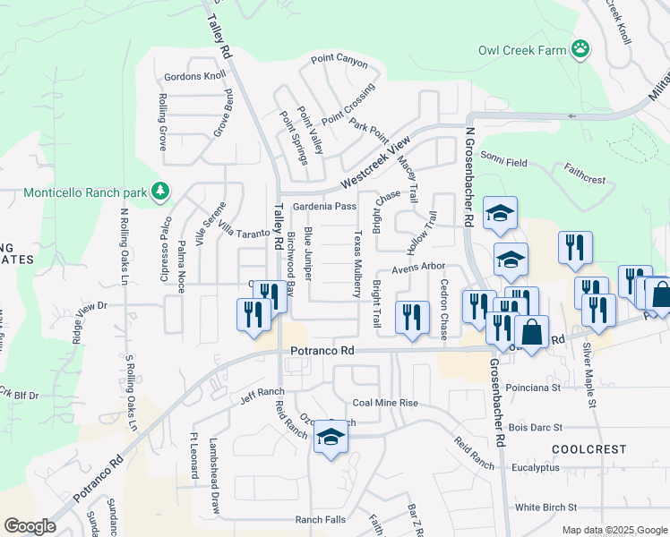 map of restaurants, bars, coffee shops, grocery stores, and more near 12622 Sunny Wonder in San Antonio