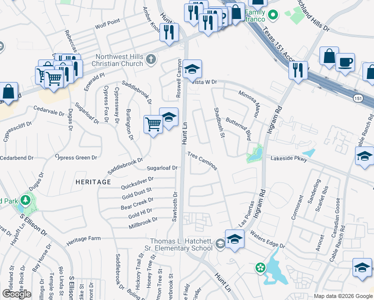 map of restaurants, bars, coffee shops, grocery stores, and more near 302 Tres Caminos in San Antonio