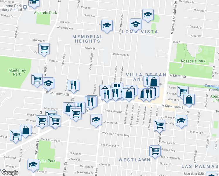 map of restaurants, bars, coffee shops, grocery stores, and more near 138 North San Joaquin Avenue in San Antonio