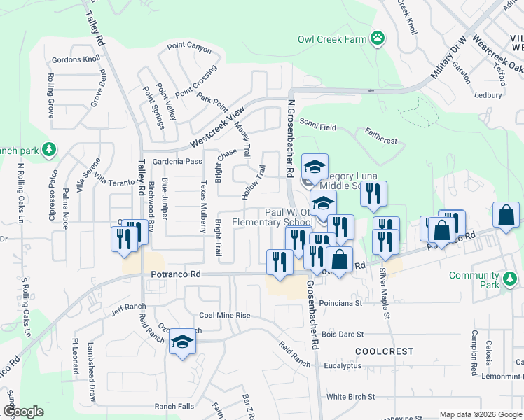 map of restaurants, bars, coffee shops, grocery stores, and more near 102 Mallow Grove in San Antonio