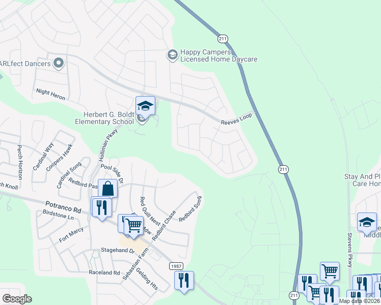 map of restaurants, bars, coffee shops, grocery stores, and more near 14914 Fronted Goose in San Antonio
