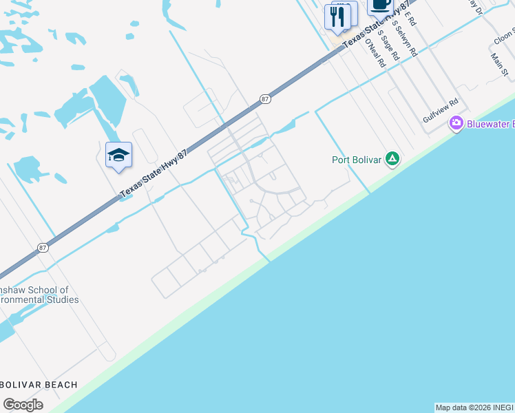 map of restaurants, bars, coffee shops, grocery stores, and more near 829 Clyde Court in Bolivar Peninsula