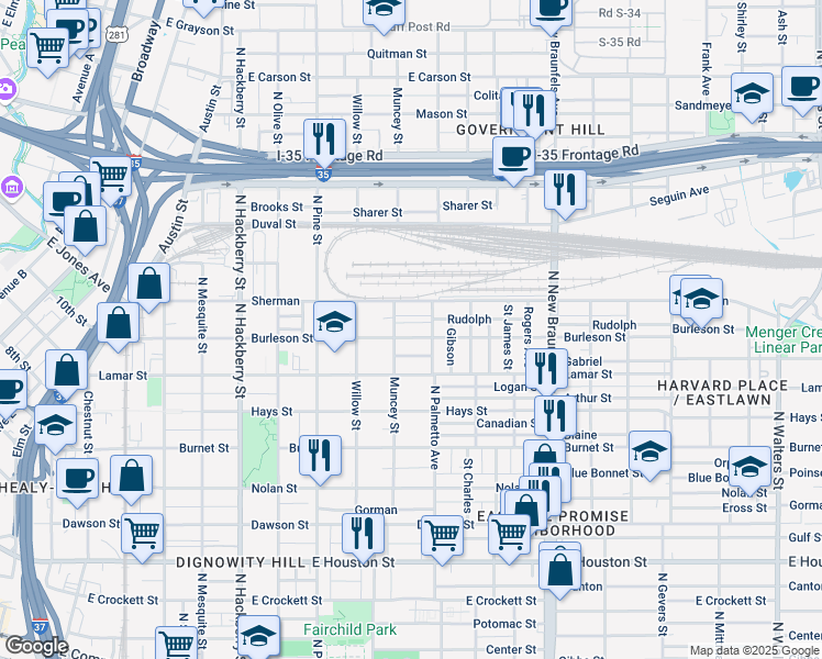 map of restaurants, bars, coffee shops, grocery stores, and more near 925 Burleson in San Antonio