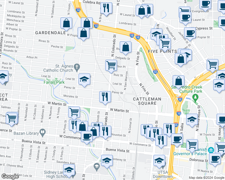 map of restaurants, bars, coffee shops, grocery stores, and more near 731 Perez Street in San Antonio