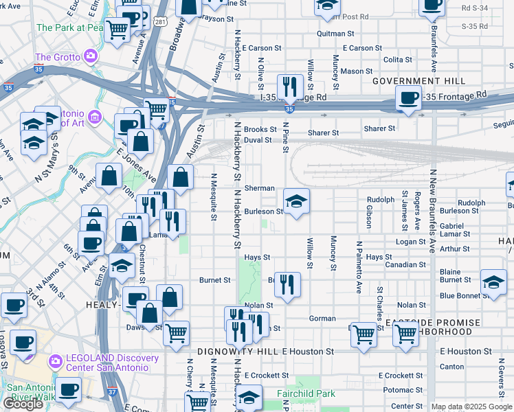map of restaurants, bars, coffee shops, grocery stores, and more near 1107 North Olive Street in San Antonio