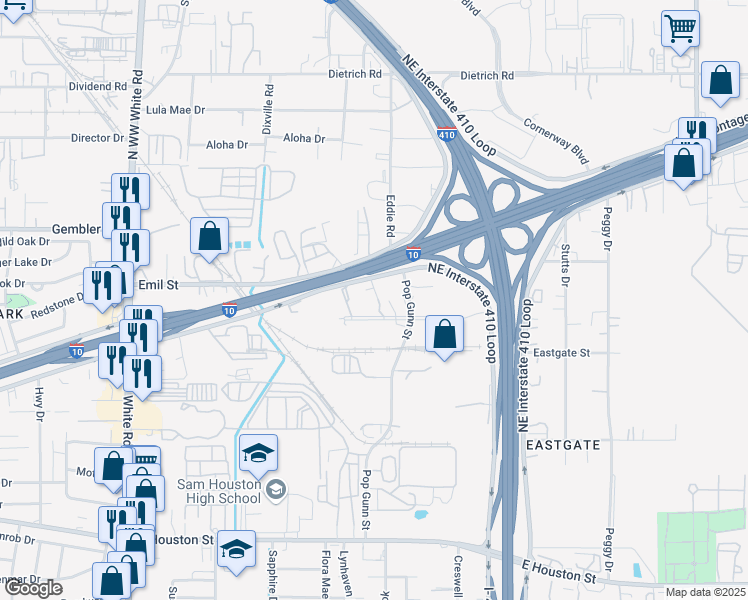 map of restaurants, bars, coffee shops, grocery stores, and more near 4903 Stout Drive in San Antonio