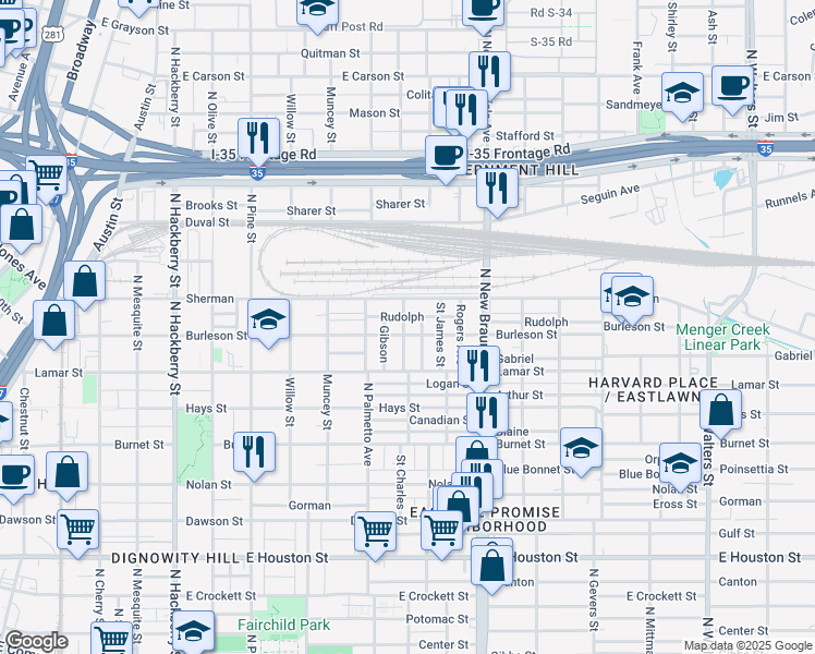 map of restaurants, bars, coffee shops, grocery stores, and more near 1029 Burleson in San Antonio