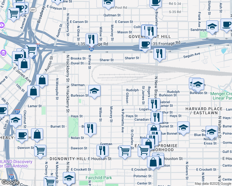 map of restaurants, bars, coffee shops, grocery stores, and more near 925 Burleson in San Antonio