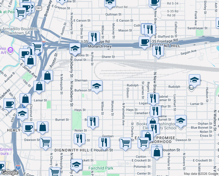 map of restaurants, bars, coffee shops, grocery stores, and more near 831 Burleson Street in San Antonio