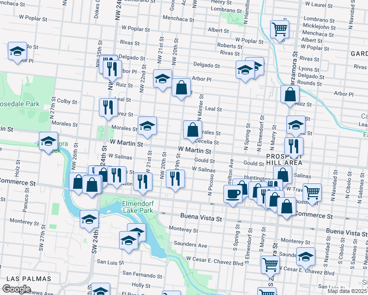 map of restaurants, bars, coffee shops, grocery stores, and more near 3721 West Martin Street in San Antonio