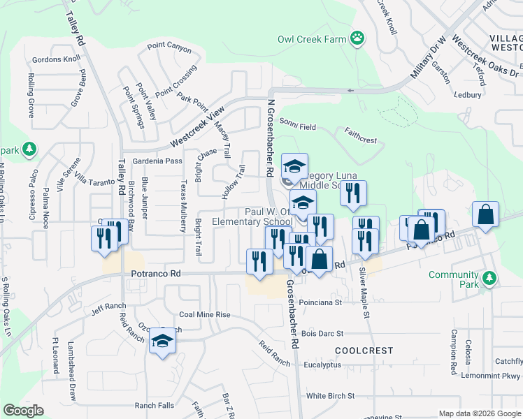 map of restaurants, bars, coffee shops, grocery stores, and more near 106 Coriander Bend in San Antonio