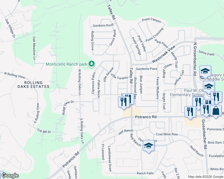 map of restaurants, bars, coffee shops, grocery stores, and more near 119 Fontana Albero in San Antonio
