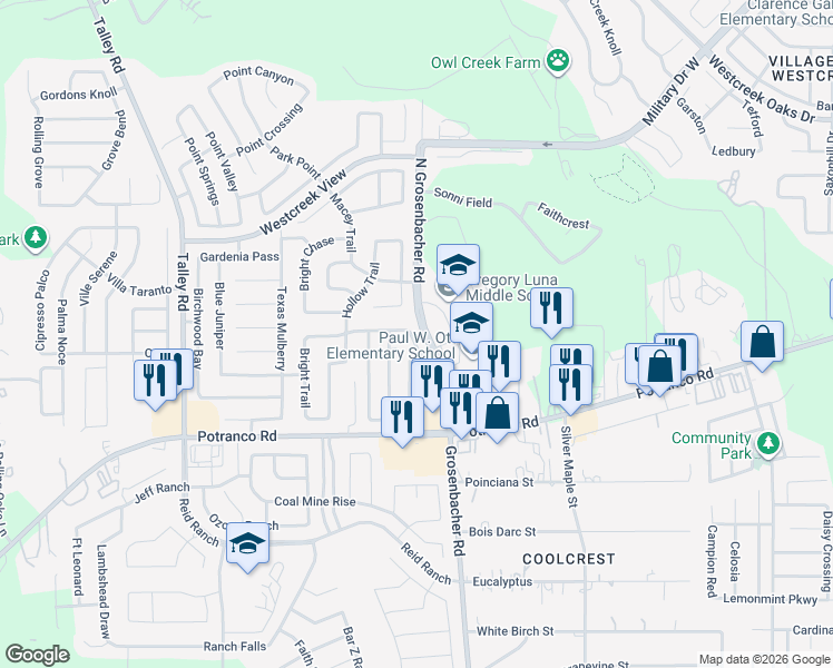 map of restaurants, bars, coffee shops, grocery stores, and more near 106 Coriander Bend in San Antonio